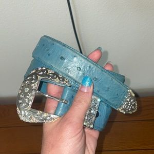 Blue Ostrich belt with buckle, tip, and keeper